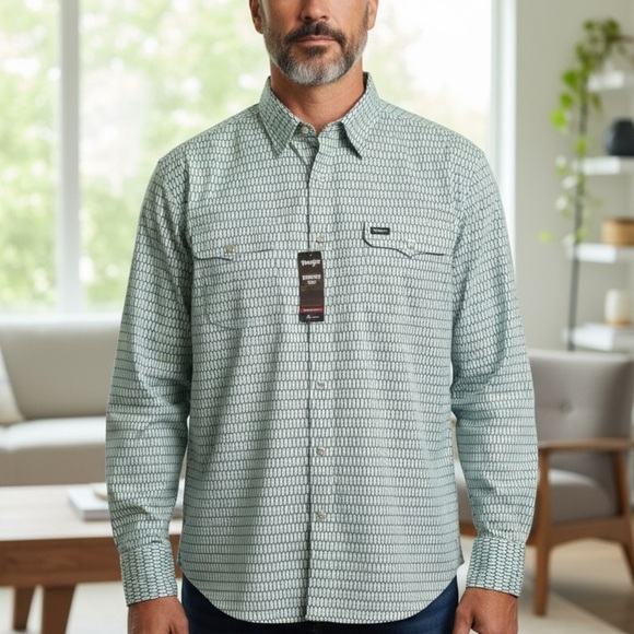 Wrangler Men's XXL Wrancher Green Geometric Print Long-Sleeve Pearl Snap Shirt - Picture 3 of 10